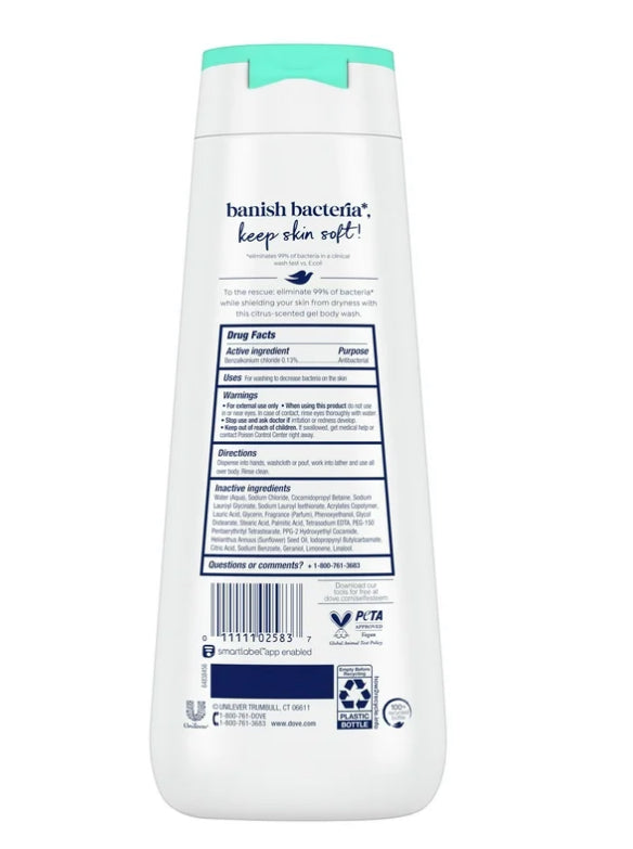 Dove Antibacterial Daily Use Body Wash for Women Protects from Dryness All Skin, 20 oz