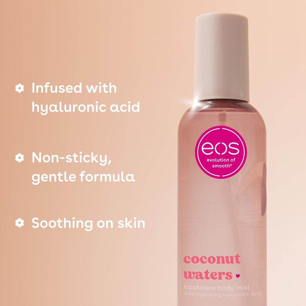 eos Cashmere Body Mist, Vanilla Cashmere, soft musk, cozy caramel, hair mist, body spray for women, moisturizing, hyaluronic acid, body spray, vegan, cruelty-free, 6 fl oz