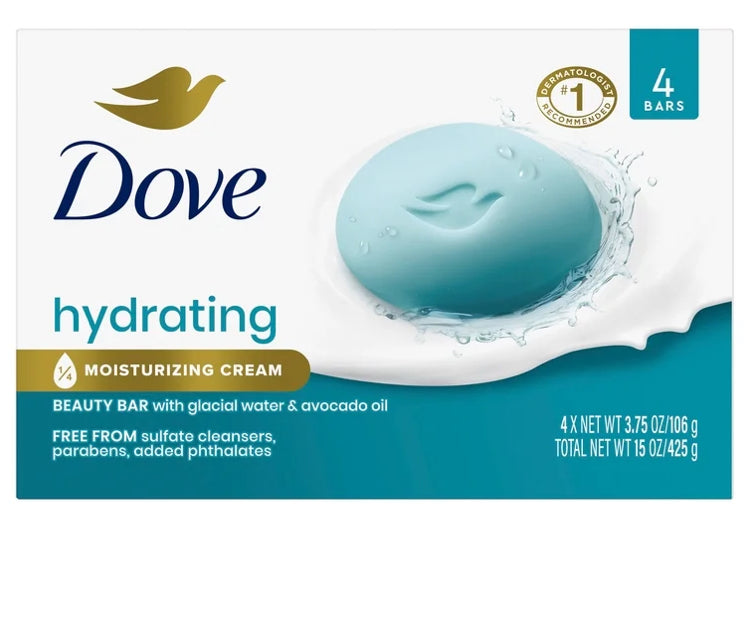 Dove Beauty Bar With Glacial Water & Avocado Oil Hydrating Cleanses & Hydrates, 3.75 oz 4 Bar