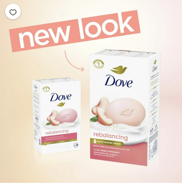 Dove Beauty Bar Women's Bath Soap Rebalancing White Peach & Rice Milk, 3.75 oz 4 Bars