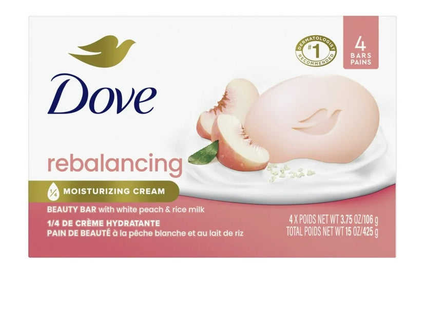 Dove Beauty Bar Women's Bath Soap Rebalancing White Peach & Rice Milk, 3.75 oz 4 Bars