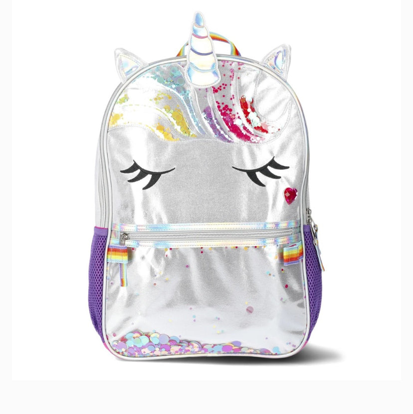 17" Girls Unicorn School Backpack & Lunch Bag, 2-piece Set, Silver & Glitter‎