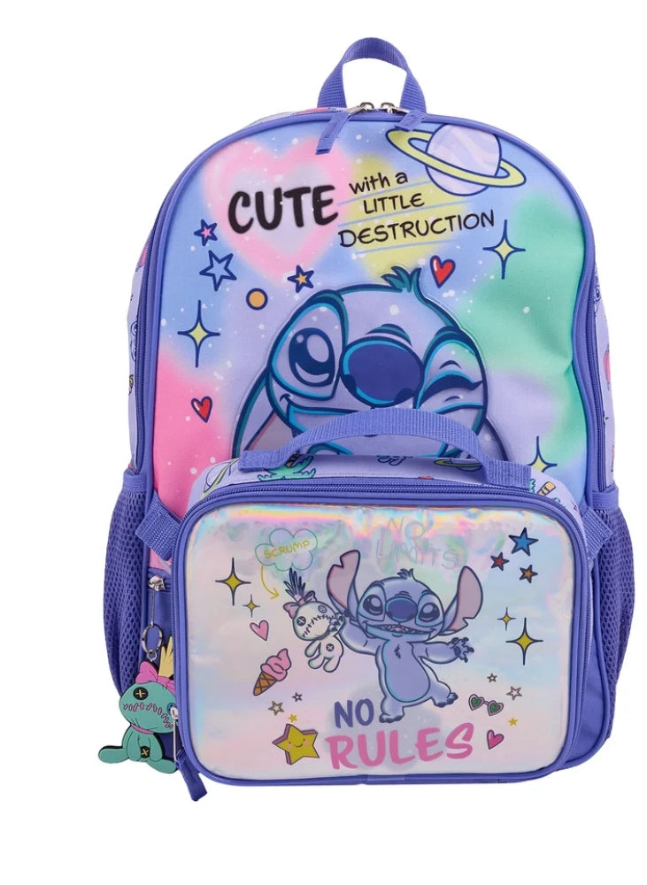 Disney Lilo & Stitch Girls 17" 2-Piece Backpack & Lunch Set with Scrump Keychain, Blue
