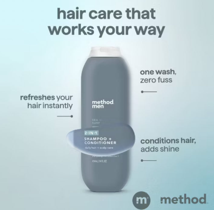 Method Men 2-in-1 Shampoo and Conditioner, Sea + Surf - Cleans and Conditions with Argan and Jojoba Oil - Made without Parabens - 14 oz
