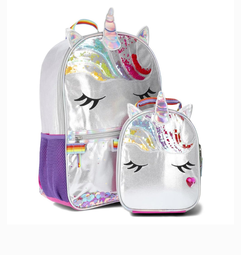 17" Girls Unicorn School Backpack & Lunch Bag, 2-piece Set, Silver & Glitter‎