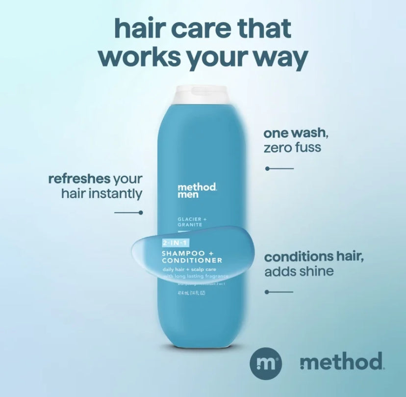 method Men 2-in-1 Shampoo and Conditioner, Glacier + Granite - Cleans and Conditions with Argan and Jojoba Oil - Made without Parabens - 14 fl oz